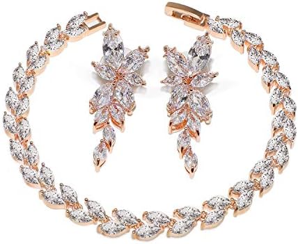 UDYLGOON Bride Cubic Zirconia Earrings Bracelet Jewelry Set for Bridesmaid Wedding Party Prom Homecoming (Rose Gold)