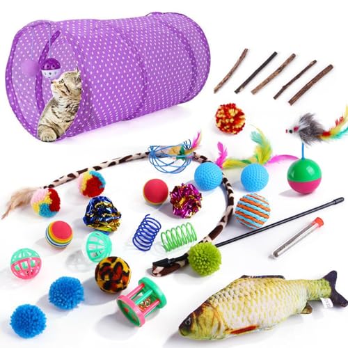 Indoor Interactive Cat Toys Set: 30 PCS Cat Toys for Indoor Cats Kitten Toys Assortment with Cat Tunnel Teaser Wands Fluffy Mice Balls & Catnip for Play and Exercise