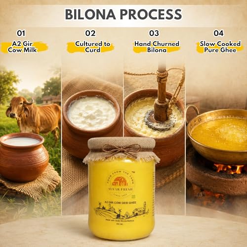 Image of Alvar Fresh A2 Gir Cow Desi Ghee 500ml | Traditional Vedic Bilona Method | Pure Cultured Ghee from Gir Cow Milk | Natural Aroma & Rich Taste | Premium Glass Jar Packaging