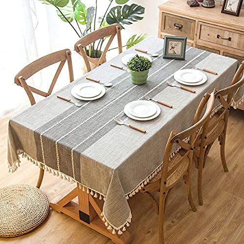 Nappe de table à manger imperméable grise en coton et lin lavable avec franges dentelle - 2