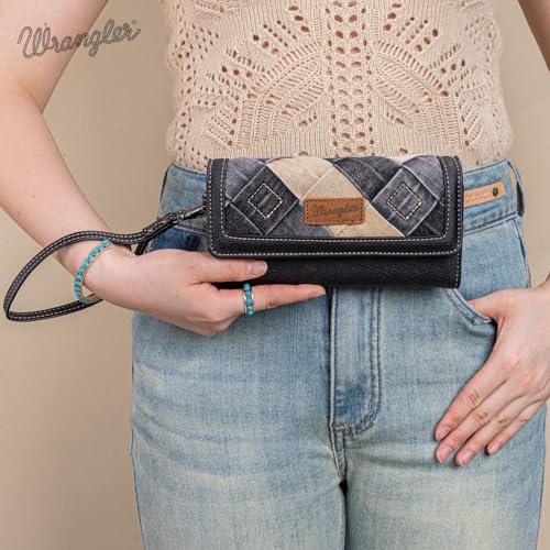 Image of Montana West X Wrangler Black Wallet for Women Large Wristlet Wallets Trifold Clutch Phone Wallet Ladies Female Western Travel Wallets with Coin Purse