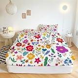 Plantas Y Flores De Acuarela Sábana Bajera Ajustable, 90x190 cm Sabana Microfibra Suave Plantas De Acuarela, Apta para colchones de 30 cm, con elástico en Todo el Contorno