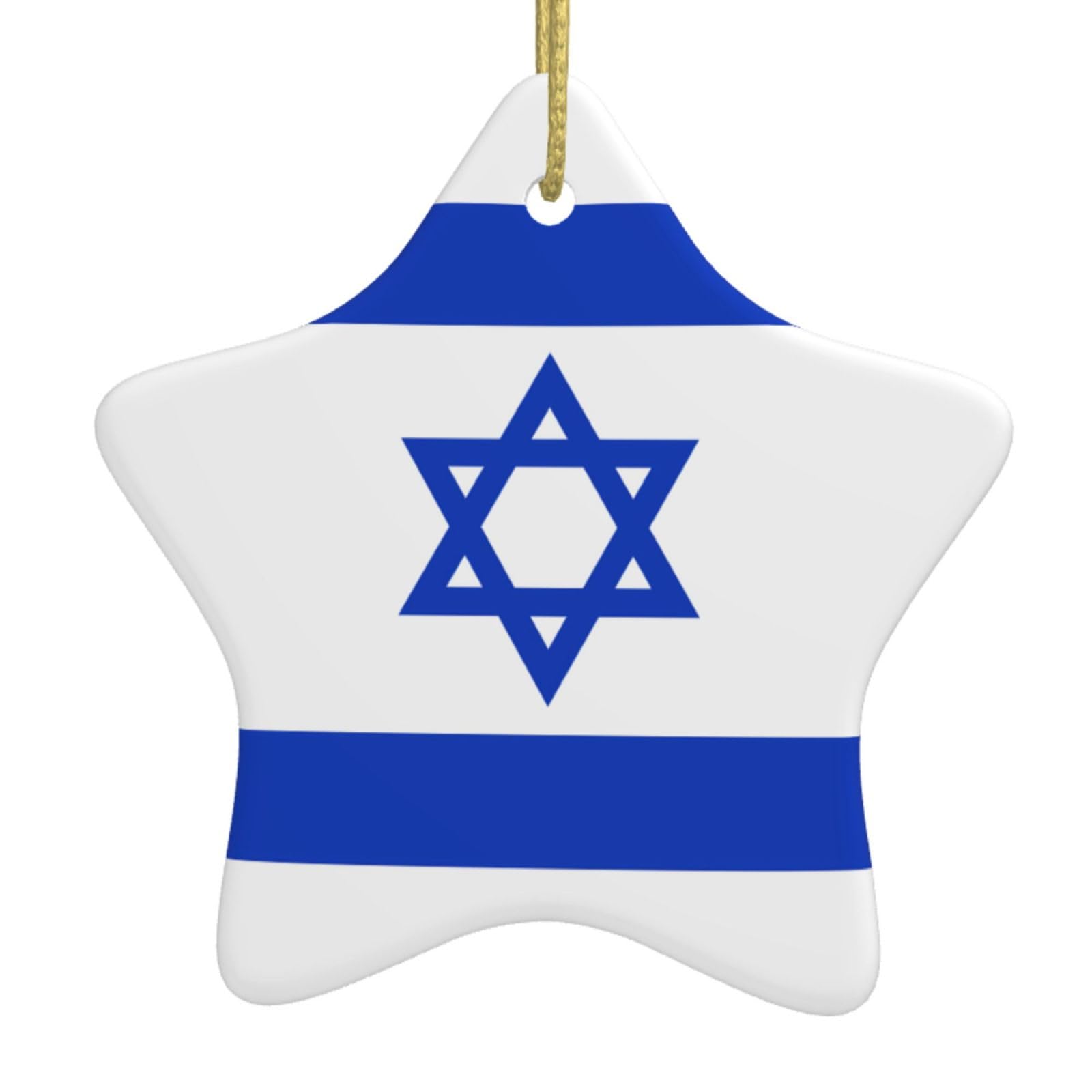 Israeli Flag Christmas Ceramic Star Pendant with Punched Holes and Gold Wire Rope, Christmas Tree Home Decoration