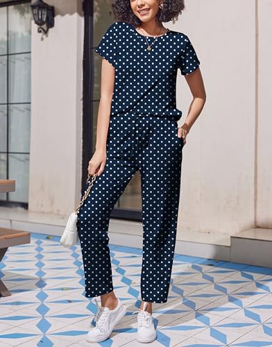 Image of Ekouaer Pajama Sets for Women Round Neck Pjs Short Sleeve Sleepwear with Long Pants Loose Lounge Sets