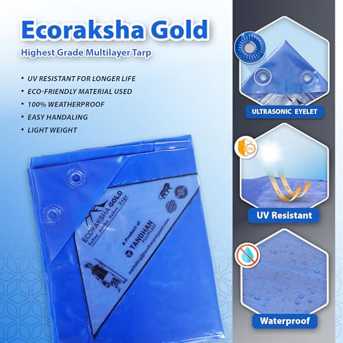 Image of Ecoraksha Gold Premium Multilayer Eco-Friendly Tarpaulin Sheet Waterproof Tirpal Heavy Duty 6 X 4 Ft Poly Tadpatri - Multipurpose 250 GSM Plastic Cover Tharpai, Thadika, Tarp (Blue)