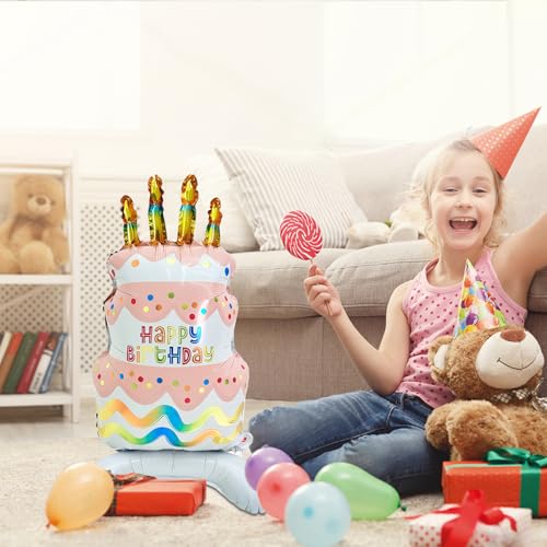 Image of 2pcs Happy Birthday Cake Foil Balloons, Self-Standing 35 inch Pink Large Mylar Birthday Balloons for Girls Boys Kids Baby Shower Party Decorations