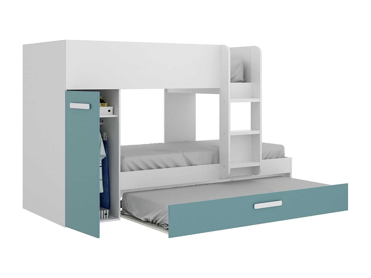 DEKIT GRUPO RIMOBEL TOM - Cama trem con armario y cama arrastre - Blanco/Esmeralda - 150 X 244 X 112