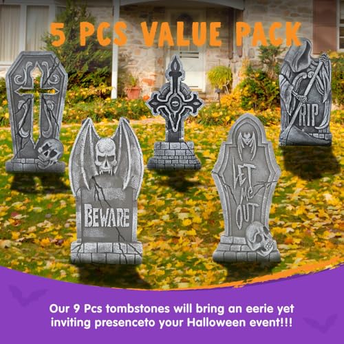 Image of JOYIN 17 inch Halloween Decorations Outdoor Tombstones, 5 Pack Halloween Graveyard Foam Headstones Decor with 12 Metal Stakes for Prop Cemetery Yard Lawn Decorations, Party Supplies