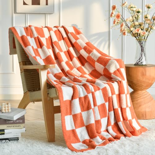Image of Xiashrk Checkered Throw Blanket for Couch, Orange Checkerboard Blankets with Soft Fluffy Microfiber for Bed Sofa, Cozy Knit Lightweight Decorative Travel Bed Blanket for Camping Picnic, 27""x39""