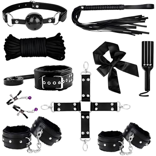 Sex Bondage Set Fesselset 10er BDSM Set Erotik SM Sex Spielzeug Augenbinde Handschellen Fussfesseln Paddle Fetish Bett Nippelklemmen Peitsche Ballknebel Baumwollseil Cosplay Adult Sex Toys für Frauen
