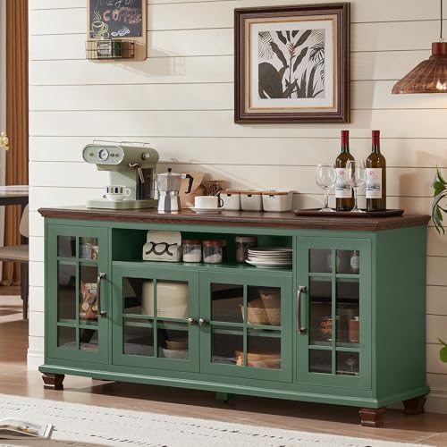 SAVOR LIFE Large Sideboard Buffet Cabinet with Storage, Vintage Green Farmhouse 60' Wide Credenza Accent Cabinets with Glass Doors & Wood Legs, Kitchen Coffee Bar Table for Dining Room, Living Room