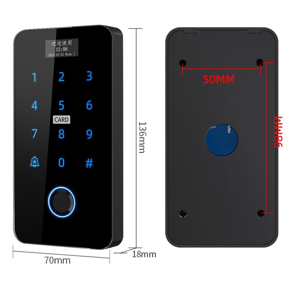 YAVIS Con pantalla Sistema de Controlador de Acceso WIFI TUYA Huellas Digitales impermeable Teclado táctil Lector de tarjetas RFID 125KHz/13,56MHz NFC, 12V Cerradura con botón eléctrico, Alimentación
