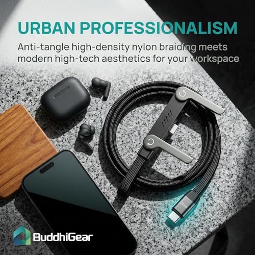 Image of 240W Type C Cable, 2 in 1 Fast Charging Braided USB C to USB C Cable with Foldable Stand, 90 Elbow Design for Gaming, Nylon Braided, 1.5M, Black