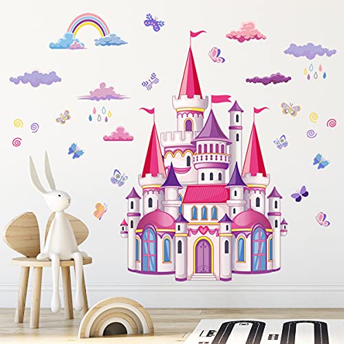 fanquare Stickers Muraux Château de Princesse Rose, Décalque Mural Château arc-en-ciel des Contes de Fées, Autocollants Vinyle Amovible pour Chambre de...