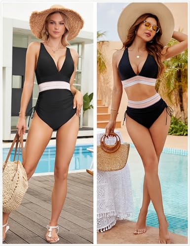 Blooming Jelly Women Tummy Control Swimsuits Color Block Slimming Bathing Suit Modest V Neck Swim Suits (L,Black)2