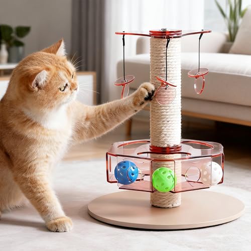 Modern-3-in-1-Interactive-Cat-Toy-with-Scratching-Post-Rotating-Cat-Puzzle-Toys-for-Indoor-Cats-with-Colorful-Jingle-Balls-Spinning-Teaser-Disc-with-Dangling-Toys-Acrylic-Pink Modern 3-in-1 Interactive Cat Toy with Scratching Post, Rotating Cat Puzzle Toys for Indoor Cats with Colorful Jingle Balls, Spinning Teaser Disc with Dangling Toys, Acrylic, Pink - Image 1