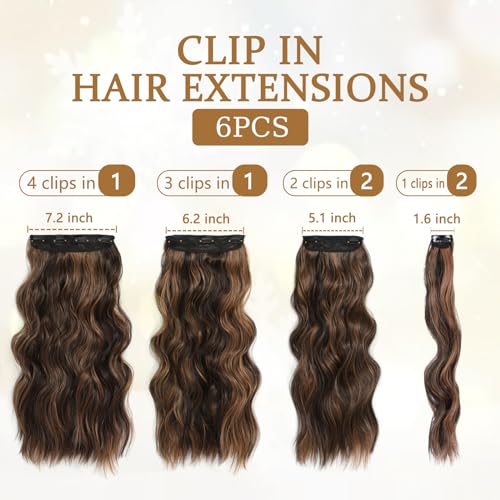 Clip in Hair Extensions for Women, 6PCS Long Wavy Curly Clip on Hair Extensions 20 Inch Dark Roasted Coffee Mixed With Caramel Brown Synthetic Thick Hairpieces - Image 6