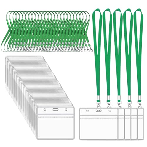 XHDA Green 50PCS Lanyards for Neck with 50PCS Card Holder, Lanyard with Clear Plastic Card Holder for ID Card and Staff