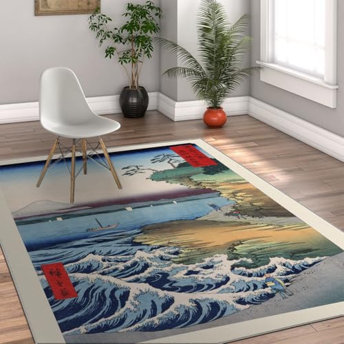 Tapis de salon antidérapant et lavable grand format style ukiyo-e