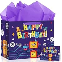 Robot Birthday Party Supplies Robot Gift Bag with Wrapping Paper and Greeting Card Large Colorful Robot Party Decorations Wrapping Paper Goodie Gift Bag with Handle for Girls Boys Birthday Party Decor