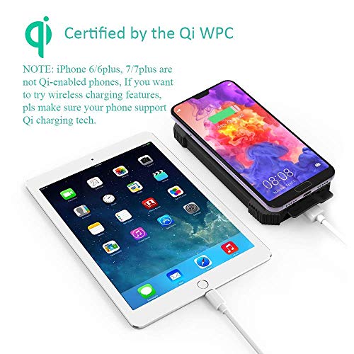 Solar Charger Wireless Power Bank, Portable 10000mAh Ultra-Compact External Battery Backup Pack Qi w 5V/2.1A Type-C Input,Solar Panel Emergency Charging, Dual Flashlights,Compass
