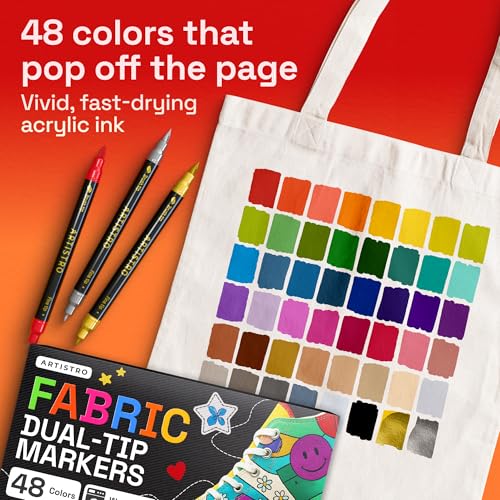 Image of ARTISTRO 48 Dual-Tip Fabric Markers Decorating Kit, Permanent for Clothes | Brush & Fine Tip, Acrylic Paint Pens for Sneakers, Bags, Shoes, Textiles, Canvas, Sewing, Craft, & DIY