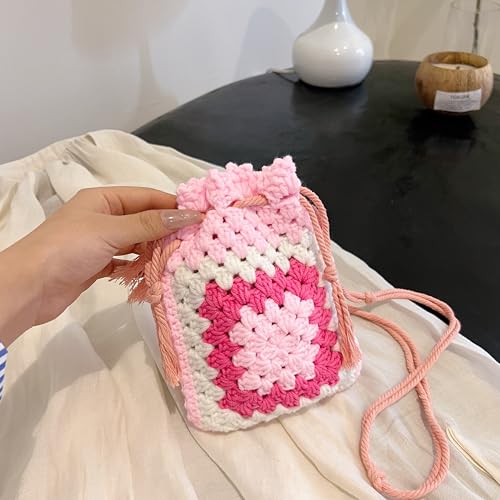 Handmade Crochet Crossbody Bag for Women Woven Shoulder Handbag Purse Drawstring Phone Bag3
