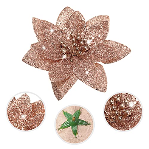 WILLBOND 36 Pieces Christmas Glitter Poinsettia Flowers Faux Flowers Wedding Glitter Christmas Tree New Year Ornaments (Rose Gold)