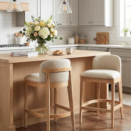 Juego de 2 butacos para interior Christopher Knight Home Calista, asiento tapizado con cojín de espuma, taburetes de cocina y bar con estructura de madera de caucho y reposapiés, color beige y natural