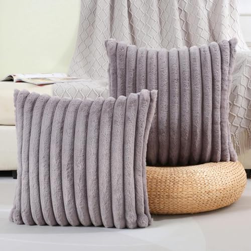 Image of MONKDECOR Single Sided Faux Fur Plush Throw Pillow Covers 12x12 Set of 1 Fuzzy Striped Soft Cozy Pillowcase Luxury Decorative Pillows Square Shaggy Cushion Covers for Couch Sofa Bed, Grey Color