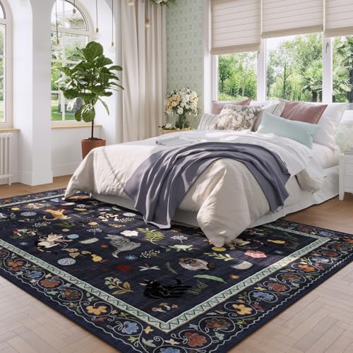 Living Room Rug 5x7 Rug Machine Washable Boho Area Rug Non Slip Floral Animal Cat Vintage Low Pile Large Rugs for Living Room Bedroom Farmhouse Dining Room Kids Playroom, Cobalt Blue