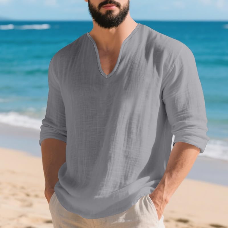 Mens Linen V-Neck Shirts Casual Long Sleeve Hippie Yoga Tops Lightweight Summer Beach Shirt - Image 2