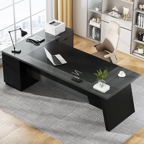 Image of Tribesigns 78 inch L-Shaped Executive Desk, Large Modern Office Desk with Drawers and Lateral File Cabinet, Business Furniture with Storage Shelves, Big Computer Desk for Home Office (Grey + Blcak)