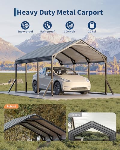 Image of Garvee 10x15x9 ft Metal Carport, Car Port with Reinforced Frame and Steel Roof for All-Weather Use, Permanent Shelter for Sedans, SUVs, or Boats