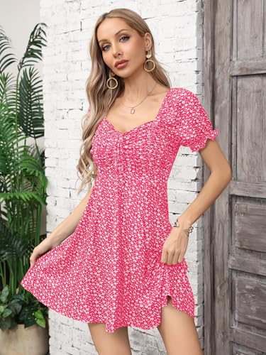 Image of Missufe Women's Puff Short Sleeve Drawstring Ruched Front Fit and Flare Floral Summer Casual Short Dress