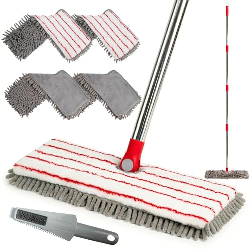Microfiber Mops for Floor Cleaning, Flat Dust Mop with 4 Washable Pads, Dual-Sided Flip Mop for Wet & Dry Use, Extendable 62’’ Handle with Scraper, Floor Mops for Hardwood,Laminate,Vinyl,Kitchen,Tile