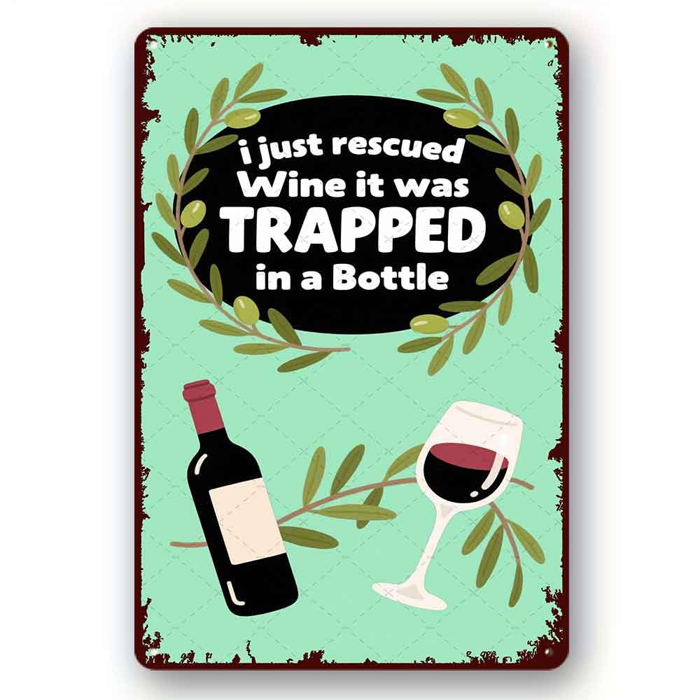 peiyeety Rustic Tin Sign Board Metal Sign I Just Rescued Some Wine It Was Trapped in a Bottle Tin Signs Quote Home Decor Wall Art Decor Plaque 8x12 Inch