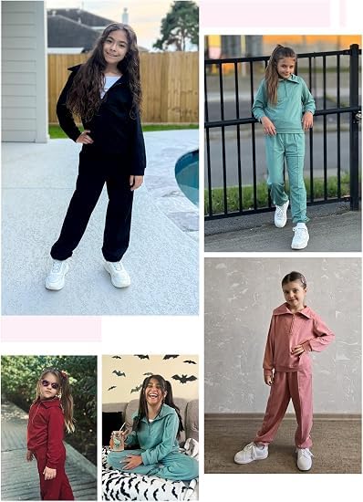 Image of Girls Fall Outfits Quarter Zip Pullover Jogger Sweatsuit Sets Size 6-15