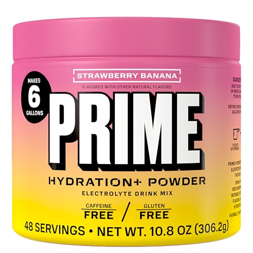 Image of PRIME HYDRATION+ Electrolyte Powder, Strawberry Banana, Sugar Free Hydration Drink Mix with Potassium, Magnesium & B Vitamins to Replenish Fluids, Caffeine Free, 6 Gallon Tub, 48 SRV