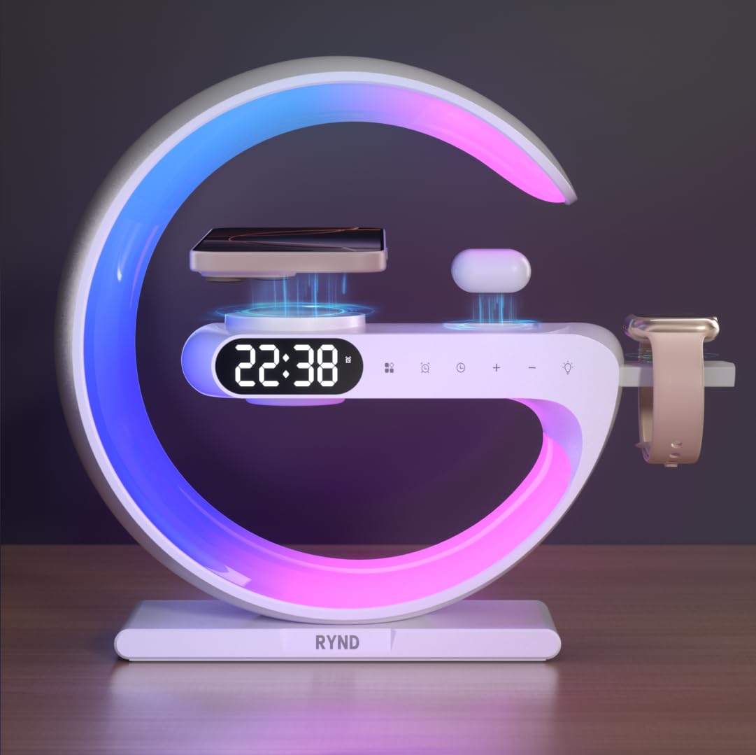RYND 2026 Magnetic 5 in 1 Speaker Alarm Clock with Wireless Charger Bedside Lamp with Adjustable Night Light