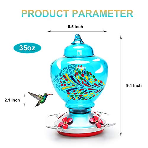 Mingyall Glass Hummingbird Feeder with Perch, Colorful Humming Bird Feeders for Outdoors 0.45 Gallon Nectar Capacity Include Hanging Wires and Moat Hook, Brush