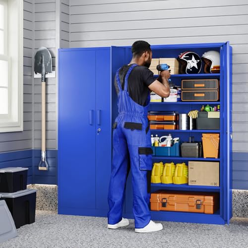 Image of Yizosh Metal Garage Storage Cabinet with 2 Doors and 5 Adjustable Shelves - 71 inch Steel Lockable File Cabinet,Locking Tool Cabinets for Office,Home,Garage,Gym,School (Blue)