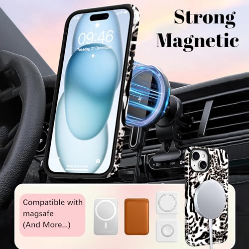 Image of Magnetic for iPhone 15 Case for Women Men, White Leopard | Cute Cheetah Pattern Design [Compatible with MagSafe] 2-Layer Hybrid Shockproof Glossy Protective Cover