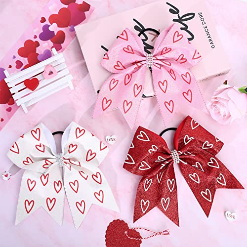Whaline 3Pcs Valentine's Day Glitter Cheer Hair Bow Ponytail Holder Leather Ribbon Red Pink White Elastic Hair Ties Heart Prints Cheerleader Hair Ponytail Holders For Women Girls Hair Accessories #TOP3