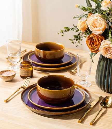 Image of TheTerra Ceramic Dinnerware Sets for 8, 24 Pieces Handmade Reactive Glaze Plates and Bowls Set, Scratch Resistant Dish Set, Oven & Microwave & Dishwasher Safe, Amber Amethyst