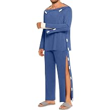 Men Full Tear Away Suit Set 2 Pcs Open Post Shoulder Shirt Invalid Pants Recovery Pajama,XL
