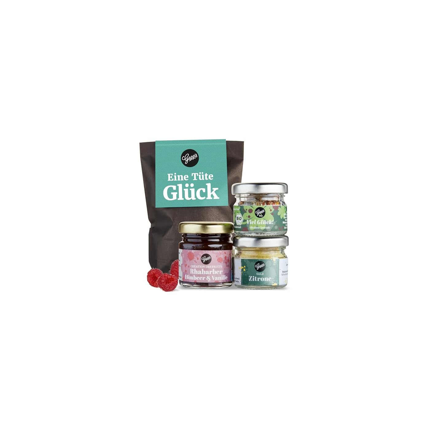 Gepp’s Feinkost Wundertüte Eine Tüte Glück I Geschenkset mit Mini-Salz, Gewürzmischung & Konfitüre Rhabarber-Himbeer I Viel Erfolg Geschenkidee & Glückbringer für Prüfung, Geschenk für die Abi-Prüfung
