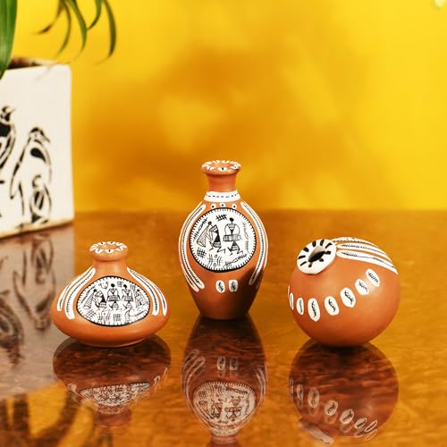 Image of Aakriti Art Creations Vase Earthen Miniatures Natural Warli Set of 3 | Handmade Terracotta Flower Vases | Natural Brown Matte Finish Warli Art Decorative Vases for Living Room, Table Decor & Gifting