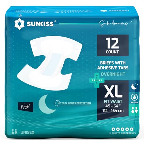 SUNKISS TrustPlus Overnight Adult Diapers with Ultimate Absorbency, Unisex Disposable Incontinence Briefs with Tabs for Men and Women, Odor Control, XLarge, 12 Count