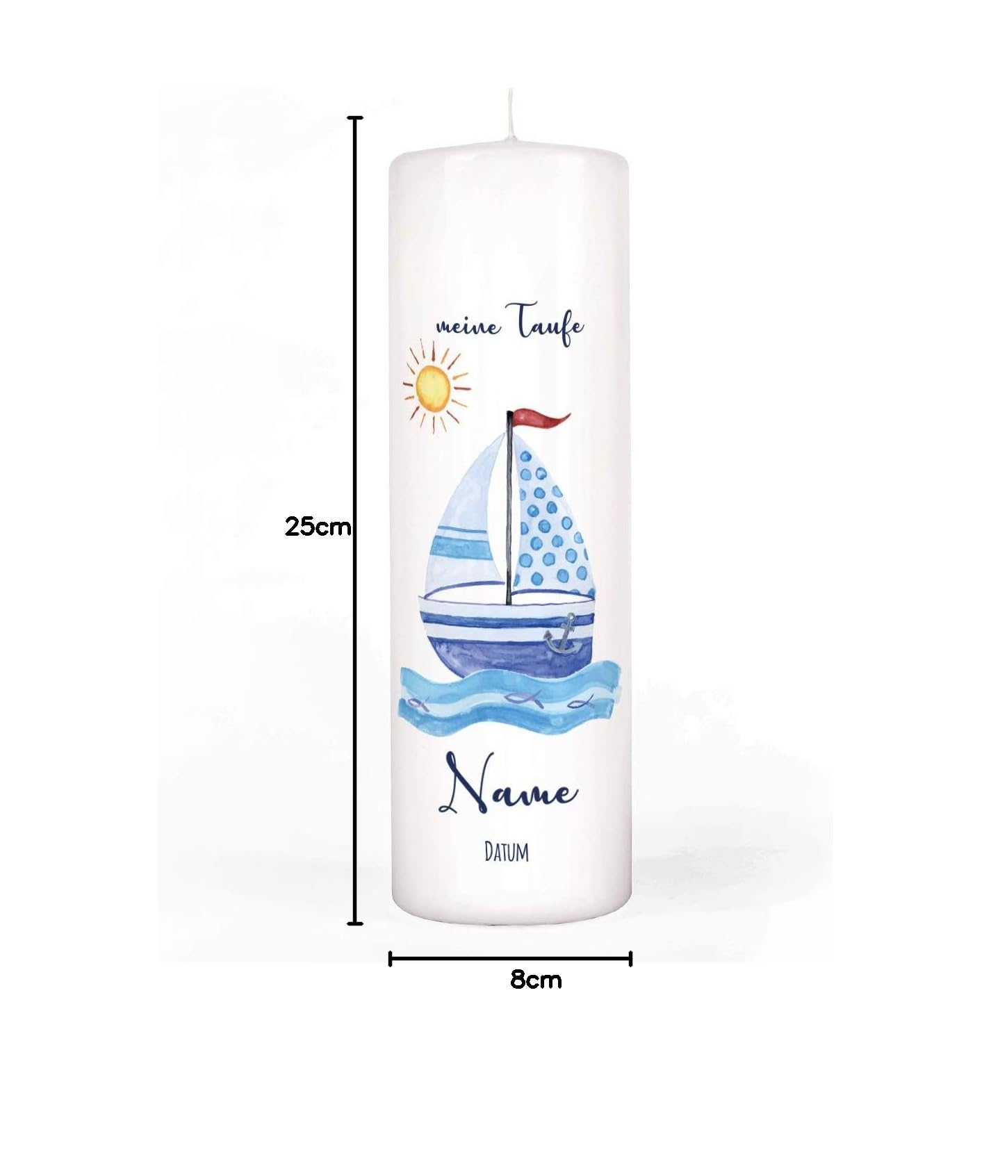 Striefchen® Taufkerze für Jungen mit Namen u. Taufdatum sowie eigenen Taufspruch 8 x 25 cm - Motiv Segelschiff